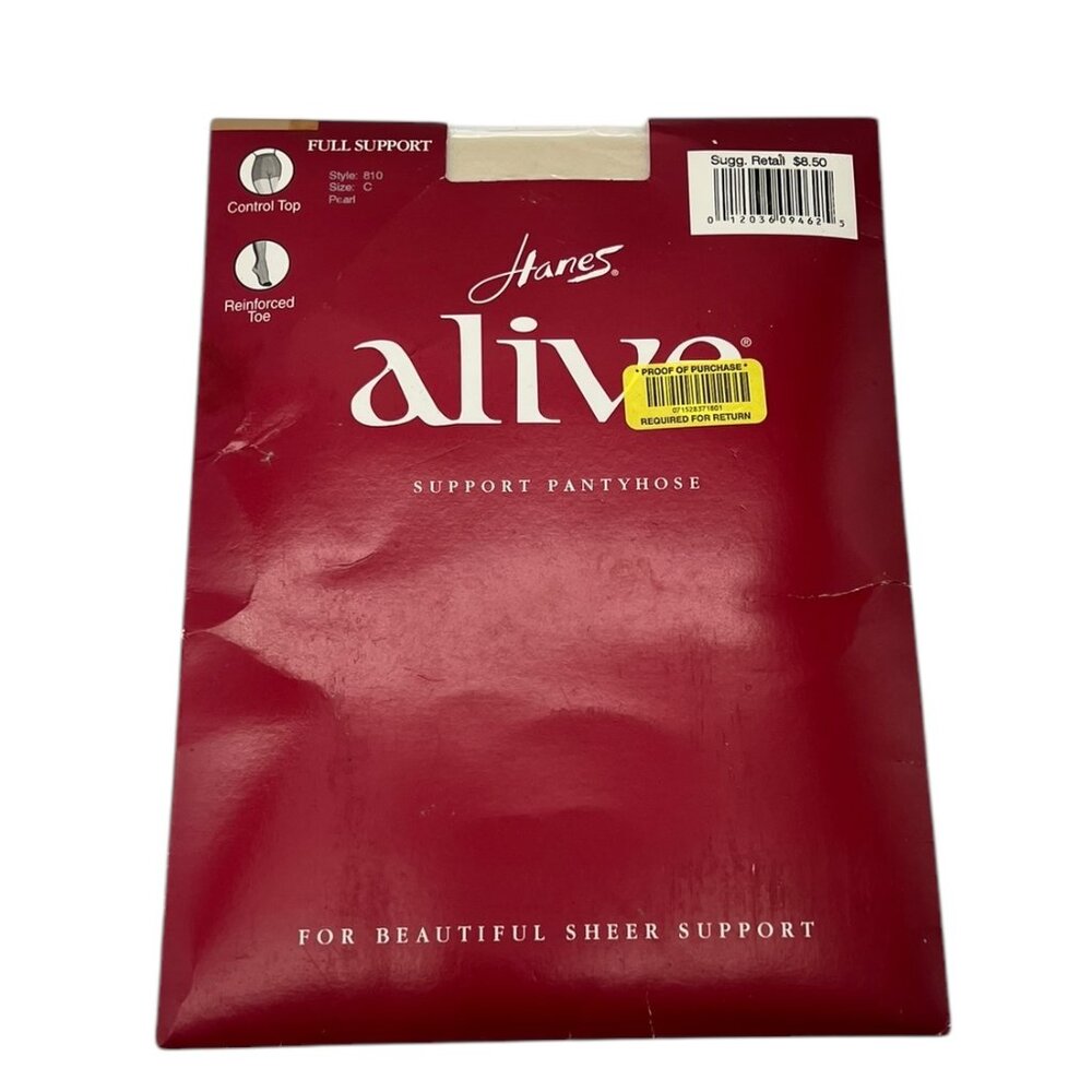 NIP Hanes Alive Support Pantyhose Control Top Size C Pearl Reinforced Toe